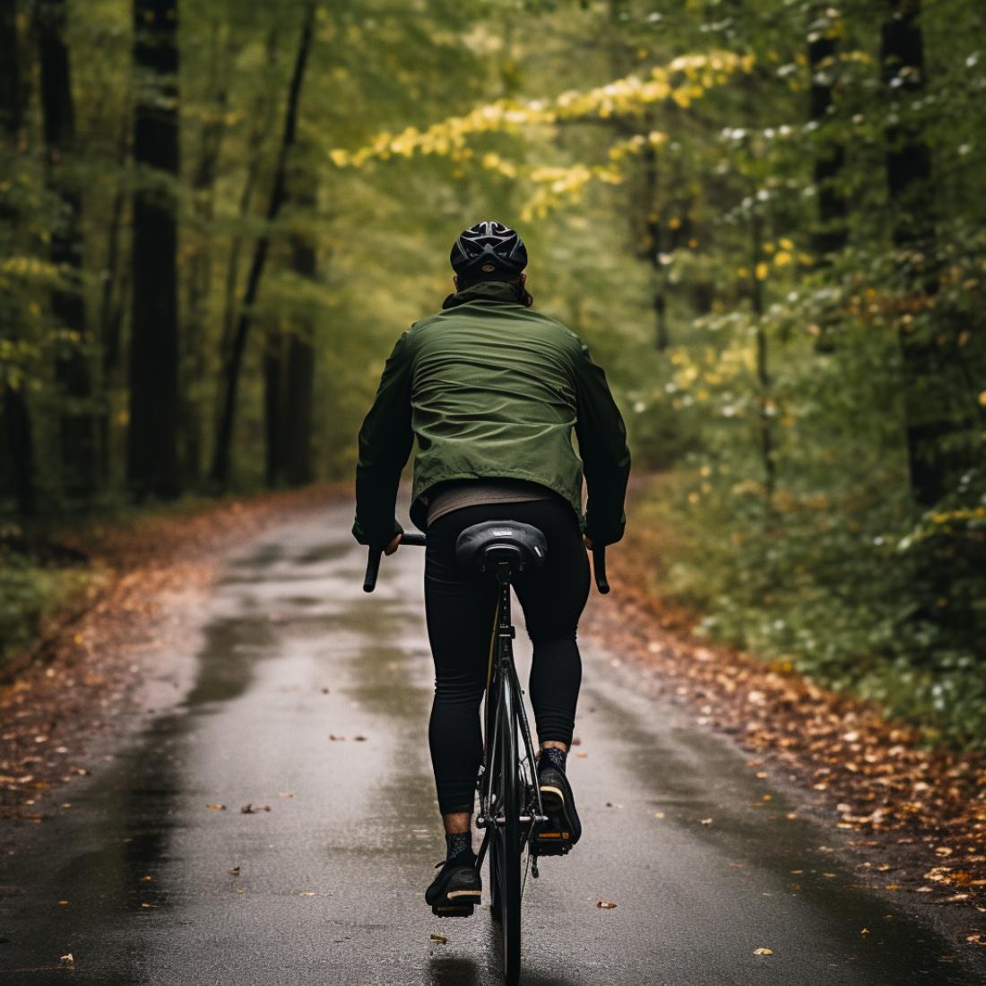 un homme portant une chemise verte et un pantalon de survêtement noir roulant à vélo sur une piste cyclable boisée. Il fait jour mais le ciel est couvert. La photo est prise de dos