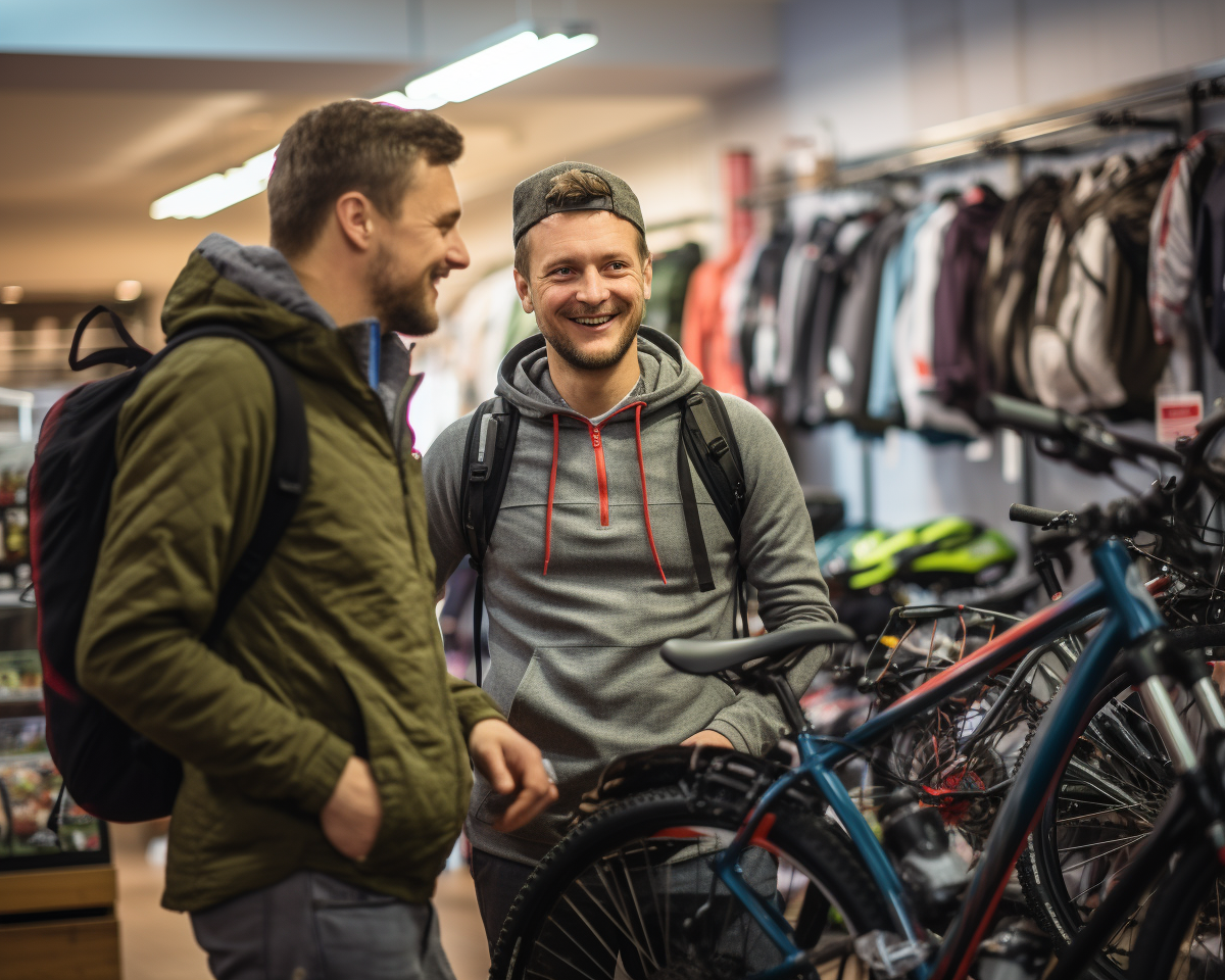 Homme de 35 ans dans un magasin de vélos, demandant des informations à un vendeur